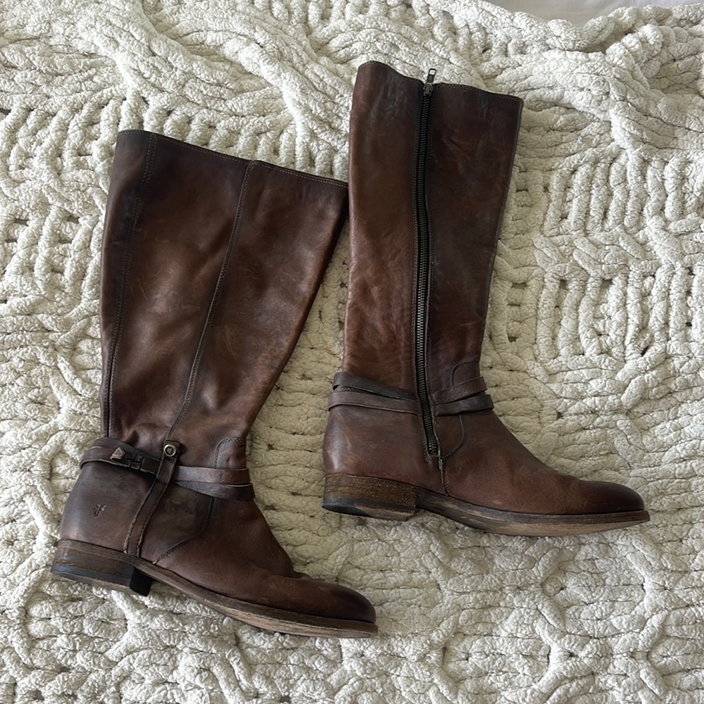 Frye Dark Brown Tall Leather Boots size 10 worn 1 time